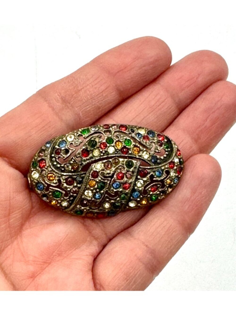 Vintage Pot Metal With Multi Color Rhinestones Art Deco Brooch